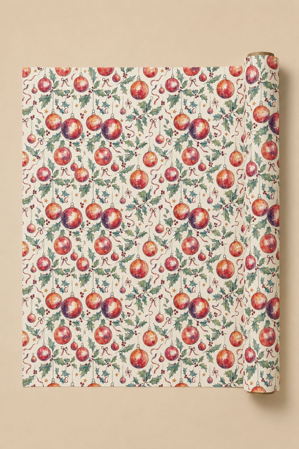 A roll of wrapping paper with a Holly & Bauble Christmas Watercolour paten, partially unrolled to show the repeating print on a solid beige background.