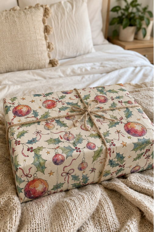 A wrapped rectangular gift box tied with twine, covered in a Christmas holly and ornament print, placed on a beige knit blanket in front of a bed with pillows.