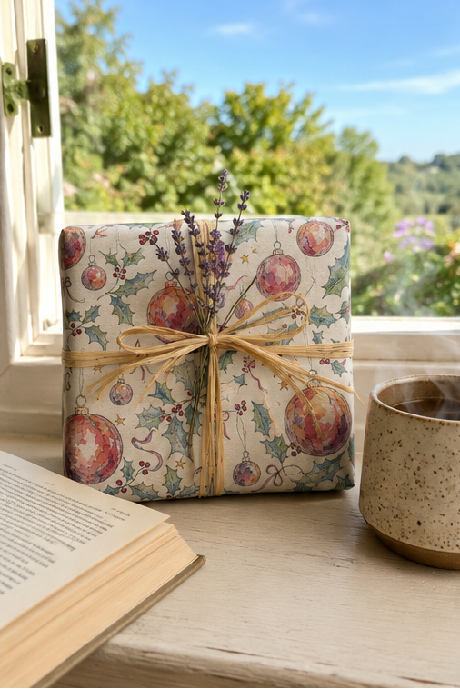 A square gift box wrapped in cream-colored Christmas-themed paper with red ornaments, green holly leaves, and small stars, tied with a natural jute twine bow and decorated with dried lavender sprigs. The box is placed on a rustic wooden windowsill next to an open book and a speckled ceramic mug, with a blurred outdoor garden background visible through the window.