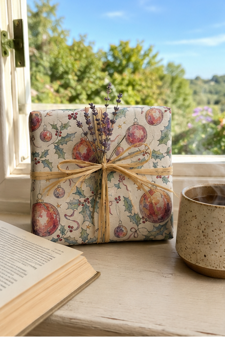 A square gift box wrapped in cream-colored Christmas-themed paper with red ornaments, green holly leaves, and small stars, tied with a natural jute twine bow and decorated with dried lavender sprigs. The box is placed on a rustic wooden windowsill next to an open book and a speckled ceramic mug, with a blurred outdoor garden background visible through the window.