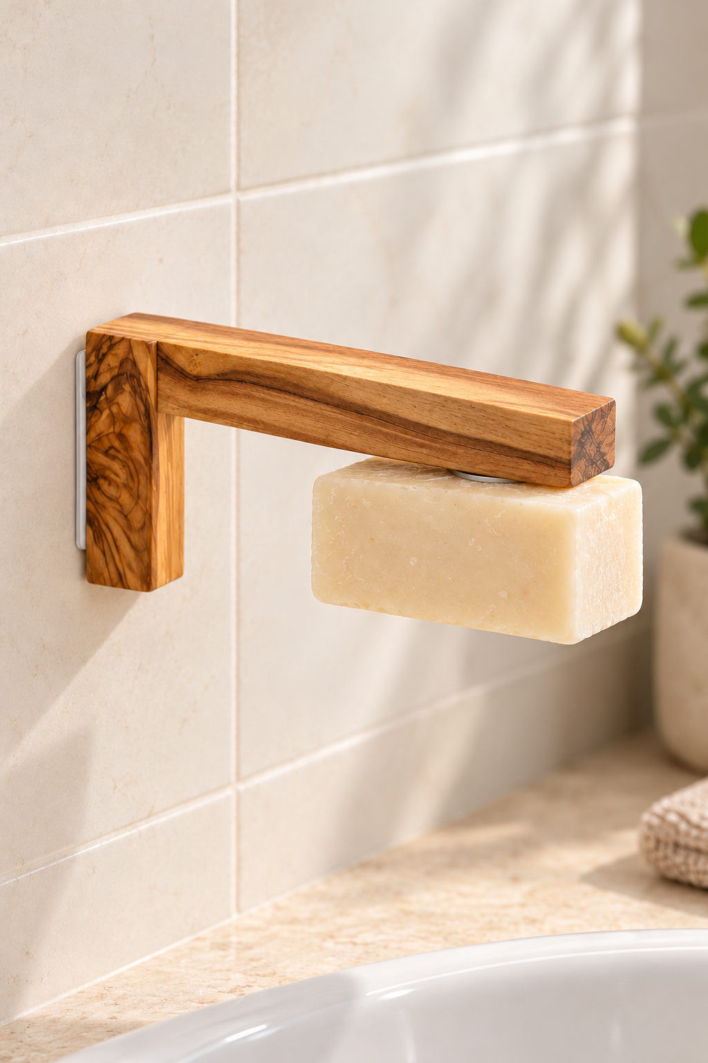 Olive wood magnetic soap holder lying on its side, showing the wooden bracket and attached stainless steel soap disc.