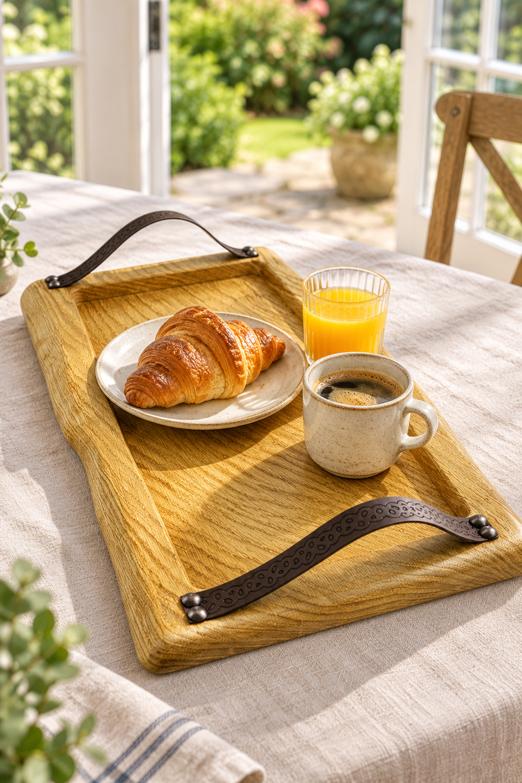 A rectangular wooden serving tray with leather handles rests on a tablecloth-covered dining table. On the tray are a croissant on a small plate, a glass of orange juice, and a cup of coffee, with a bright sunlit garden visible through the window behind.