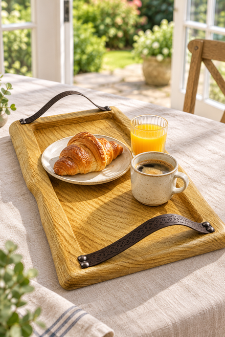 A rectangular wooden serving tray with leather handles rests on a tablecloth-covered dining table. On the tray are a croissant on a small plate, a glass of orange juice, and a cup of coffee, with a bright sunlit garden visible through the window behind.