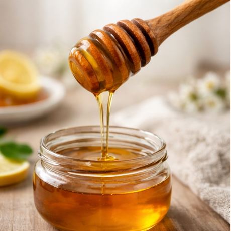 Collage of wooden honey dipper in various settings with honey.