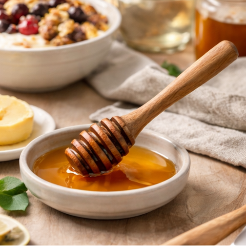 Collage of wooden honey dipper in various settings with honey.