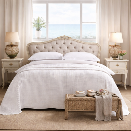  bedroom with a bed, nightstands, and decor.