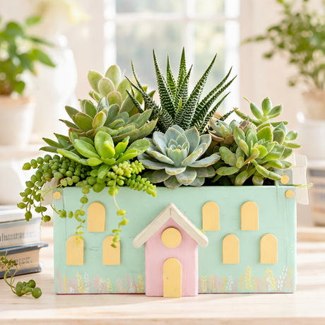 Four different house-shaped planters with various plants on a wooden surface.