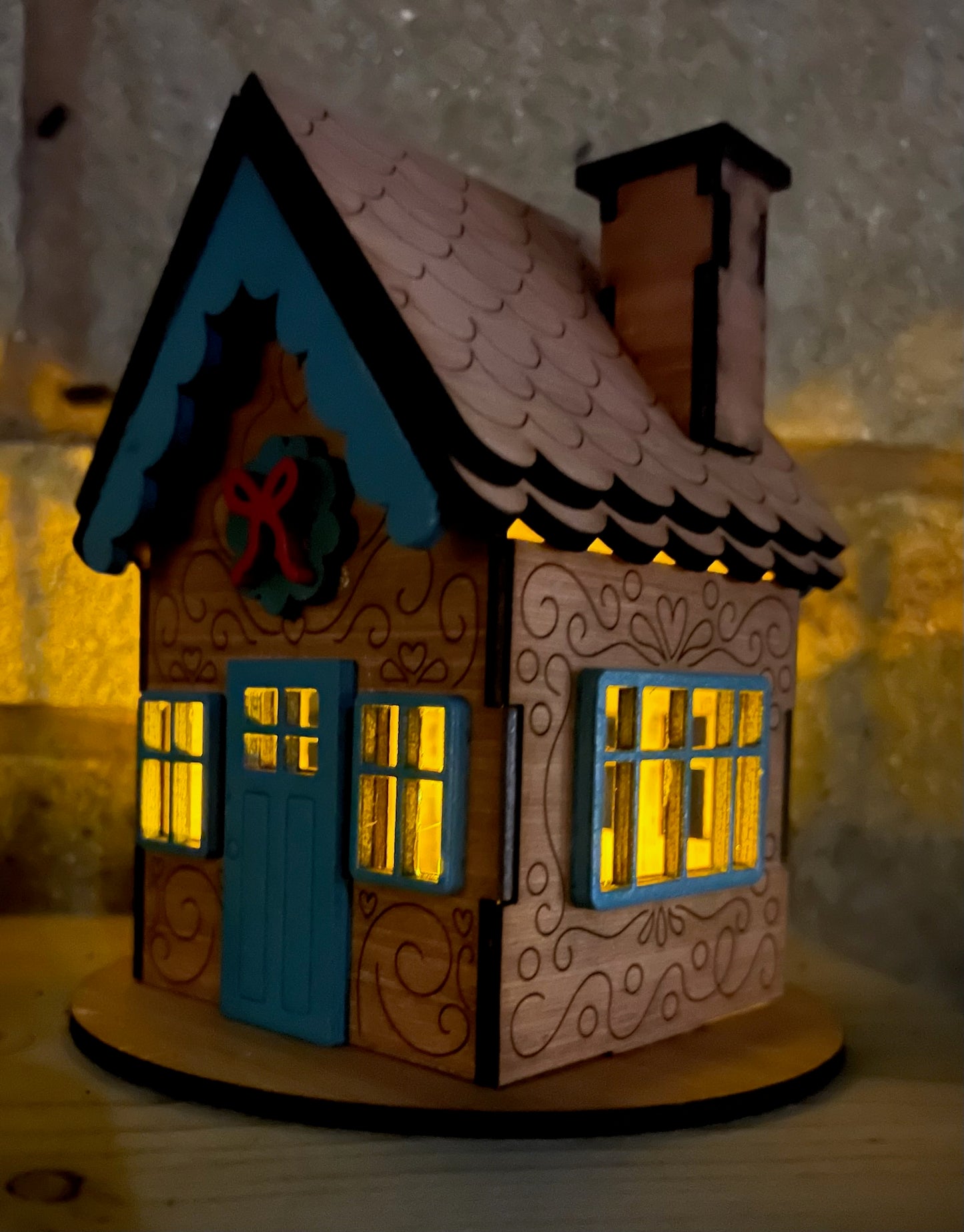 Wooden Christmas Gingerbread House "Turquoise  Edition" for LED Candle Light