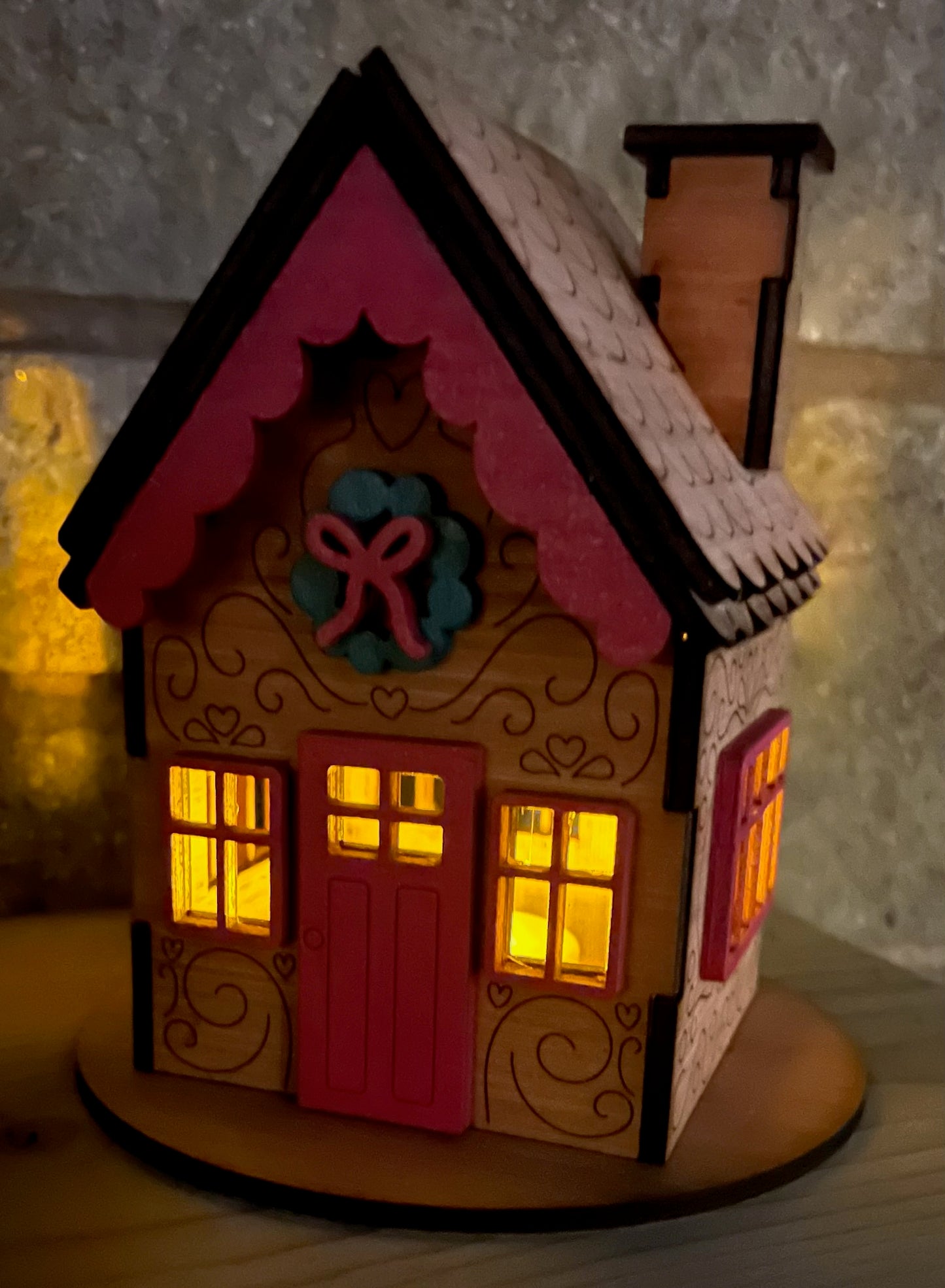 Wooden Christmas Gingerbread House "Pink Edition" for LED Candle Light