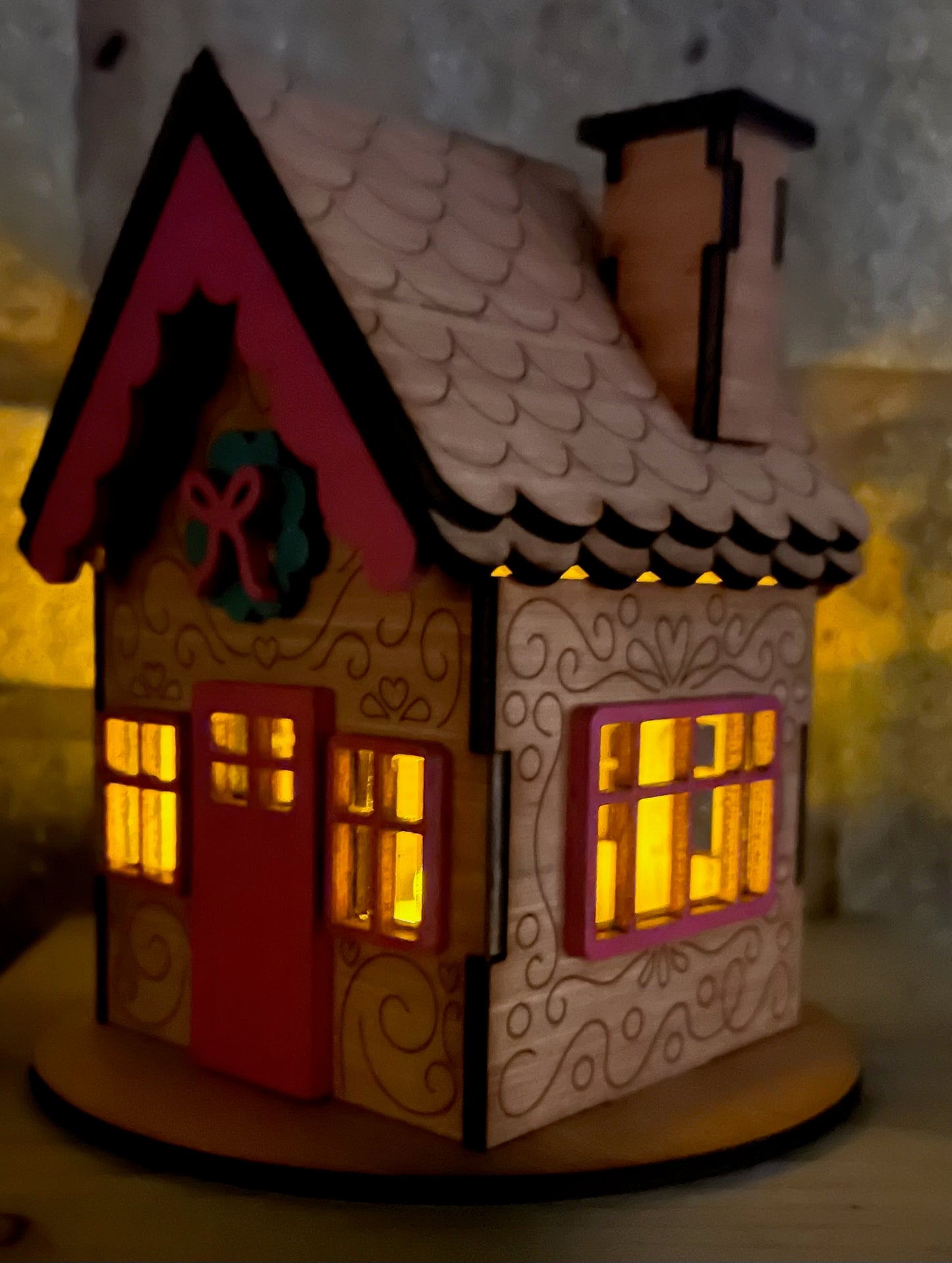 Wooden Christmas Gingerbread House "Pink Edition" for LED Candle Light