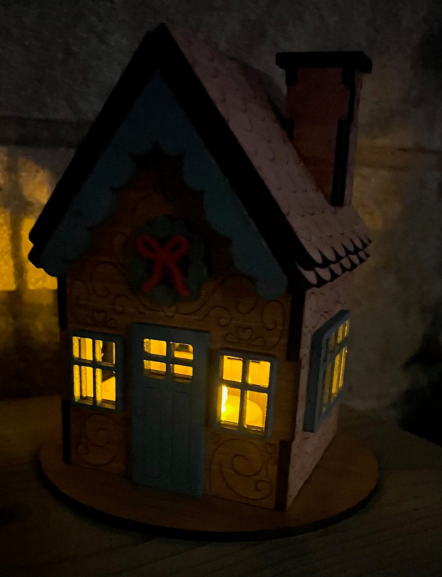 Wooden Christmas Gingerbread House "Turquoise  Edition" for LED Candle Light