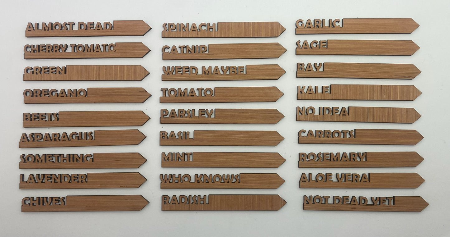 27 Laser-Cut Wooden Garden Markers: Mixed Classic and Comical Collection.