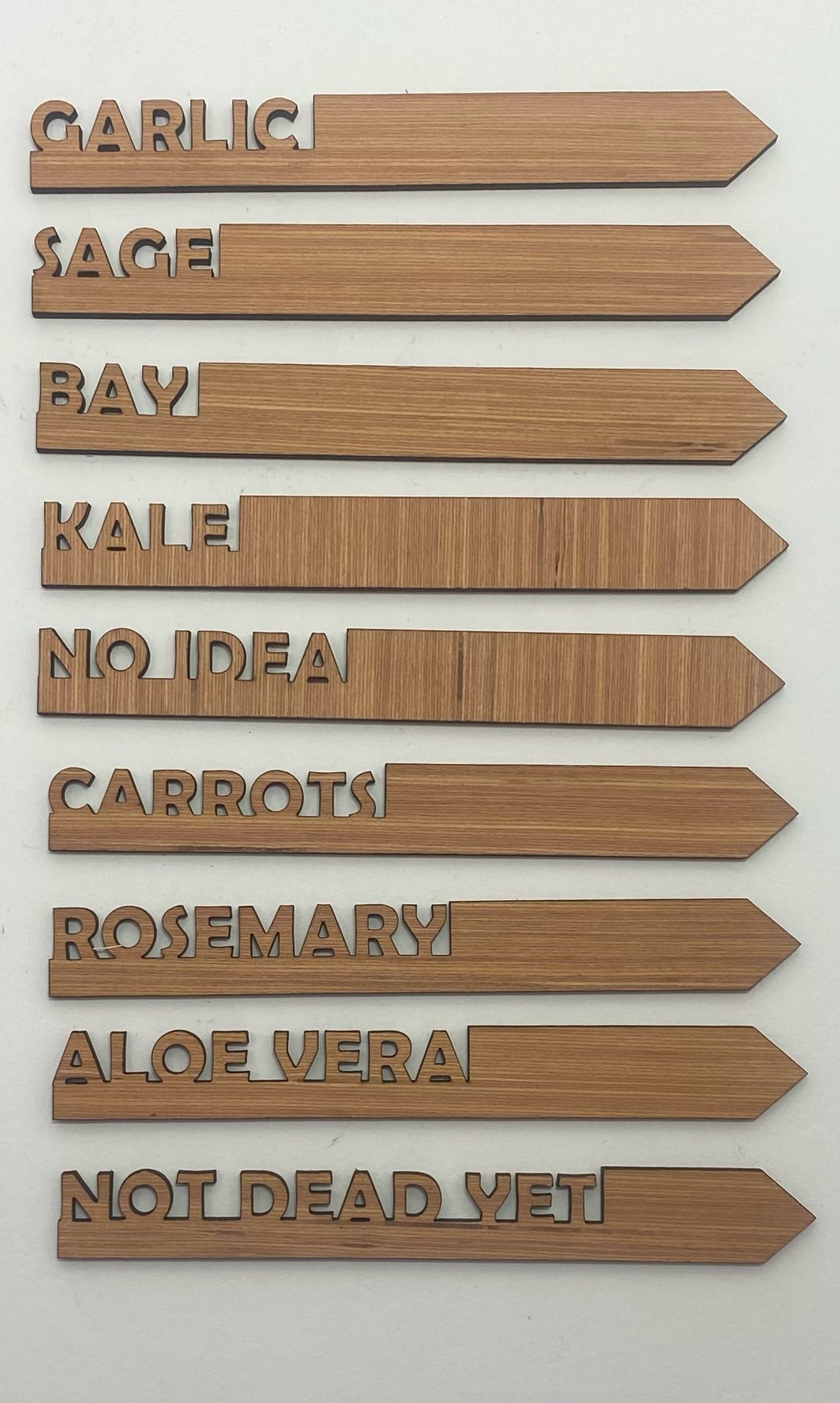 27 Laser-Cut Wooden Garden Markers: Mixed Classic and Comical Collection.