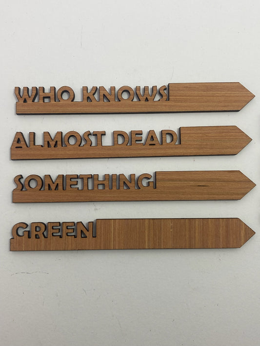 7 Laser-Cut Wooden Garden Markers: Comical Collection.