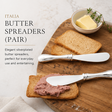 Butter spreaders with usage examples and product details on a white background