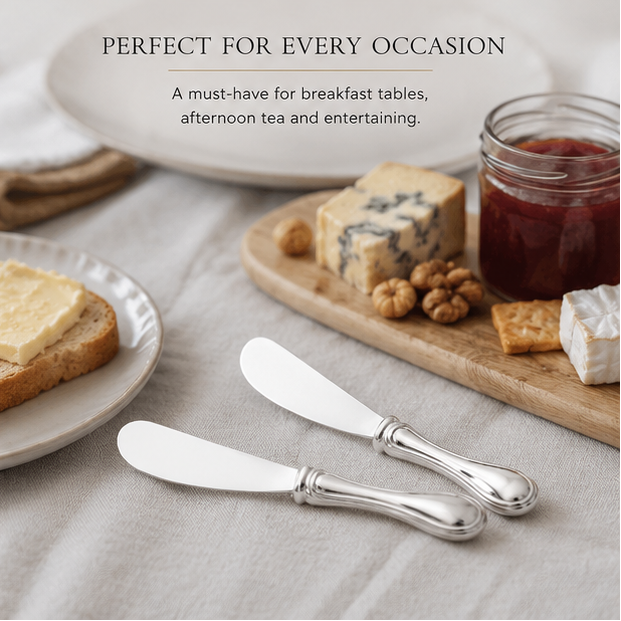 Butter spreaders with usage examples and product details on a white background