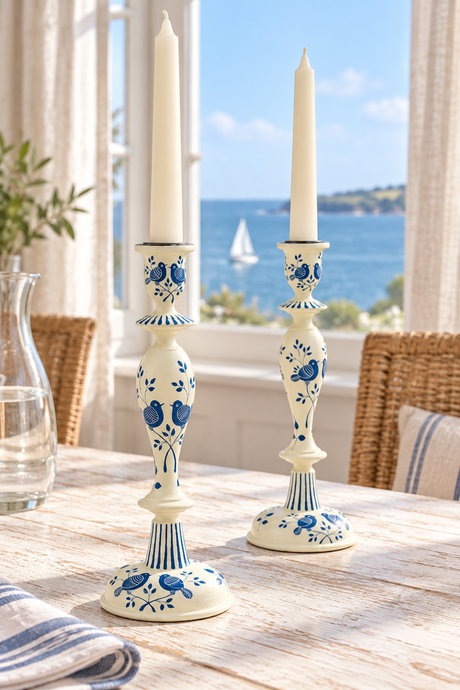 Two cream wood candlestick holders with blue floral and bird motifs, each holding a white taper candle, displayed on a wooden table with a window overlooking the sea.