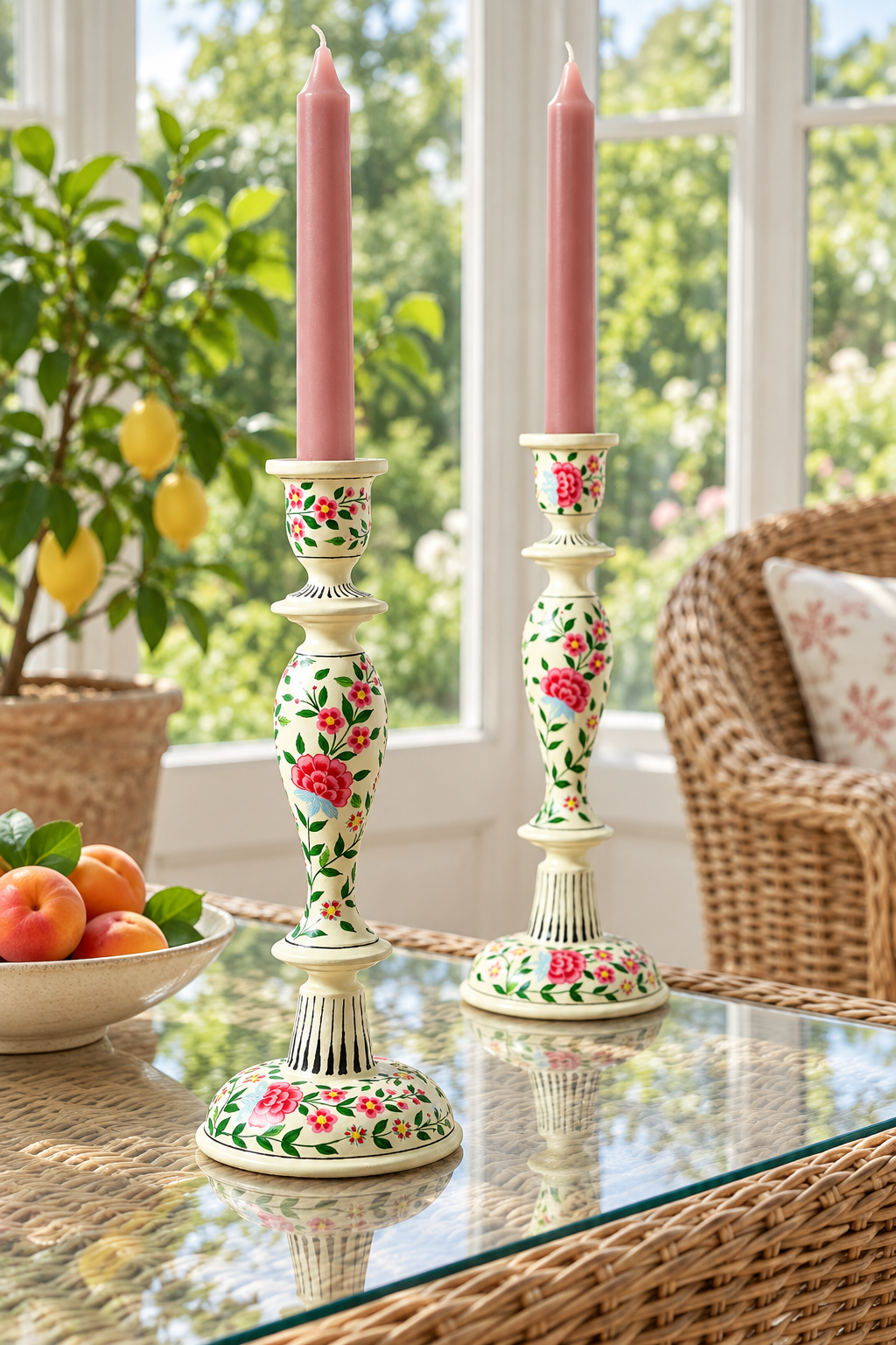 Two floral wood candlestick holders with pink taper candles, displayed on a glass-topped table in a bright room with a wicker chair and potted plant in the background.
