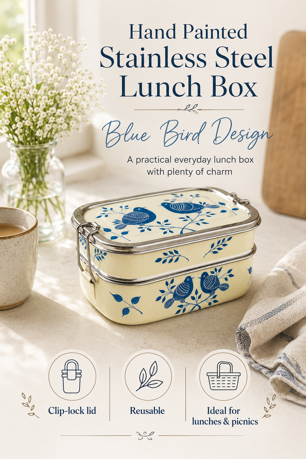 Hand painted stainless steel lunch box with blue bird design on a table with a vase and cloth. Ivory Blue Bird Hand Painted Stainless Steel Tiffin Lunch Box