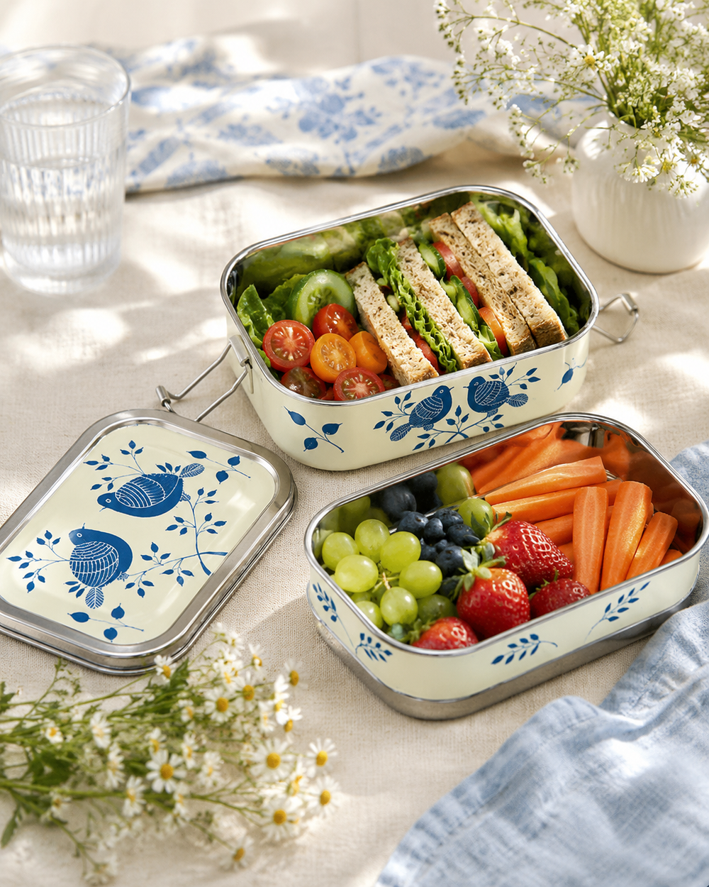 Ivory Blue Bird Hand Painted Stainless Steel Tiffin Lunch Box