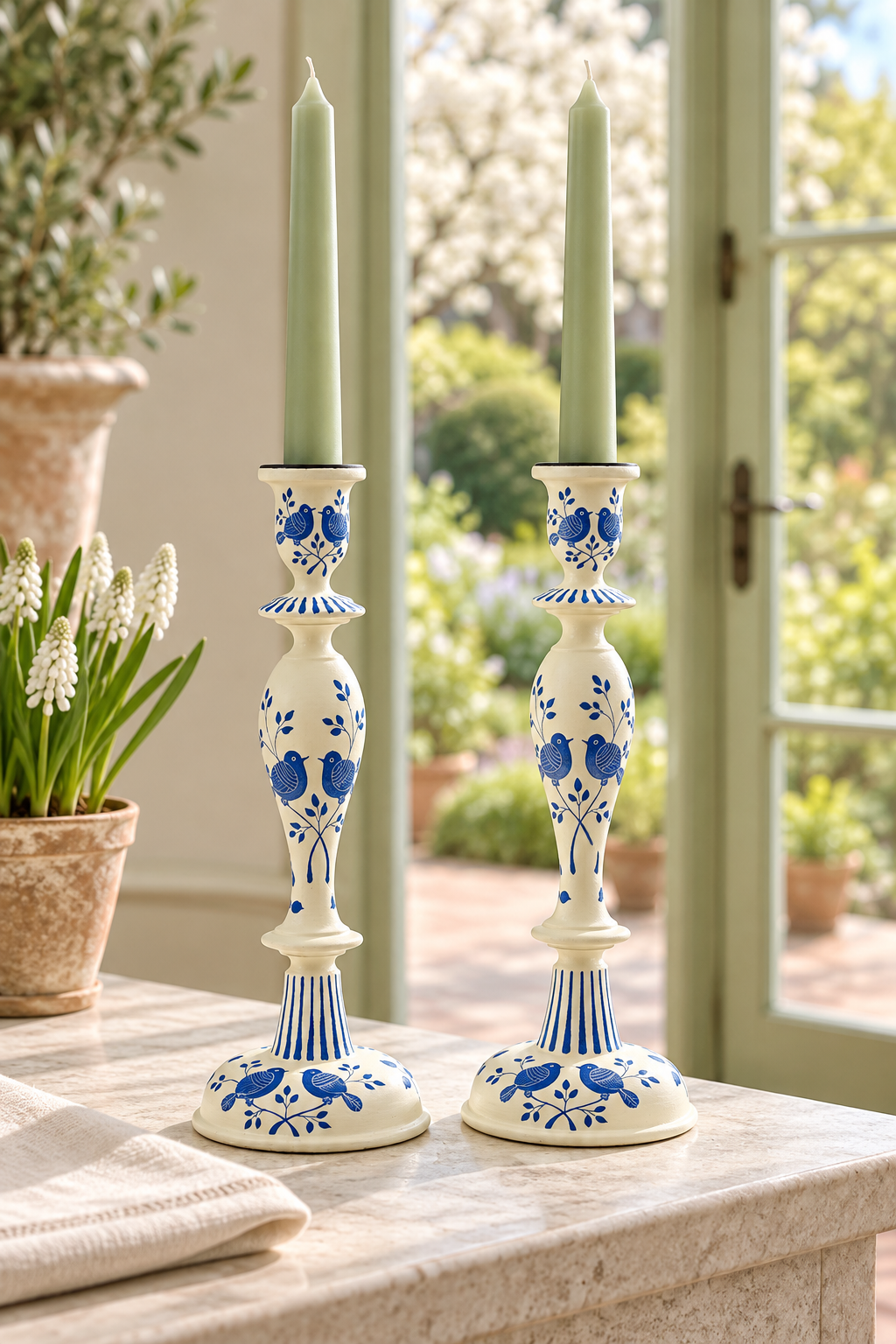 Two tall wood candlesticks with blue floral detailing and striped bases, each holding a pale green taper candle, displayed on a stone table in front of green garden doors.