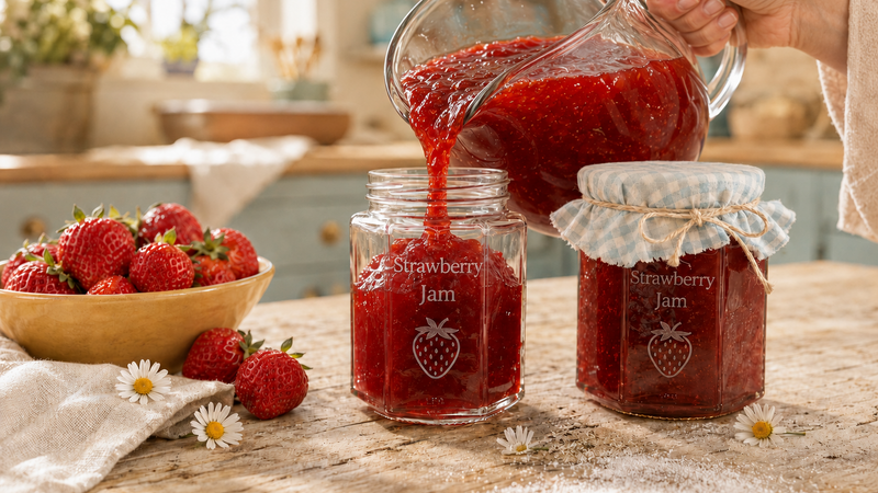 A hand pours red strawberry jam from a glass pitcher into two glass jars labeled 'Strawberry Jam' on a rustic wooden table, with fresh strawberries and daisies nearby.