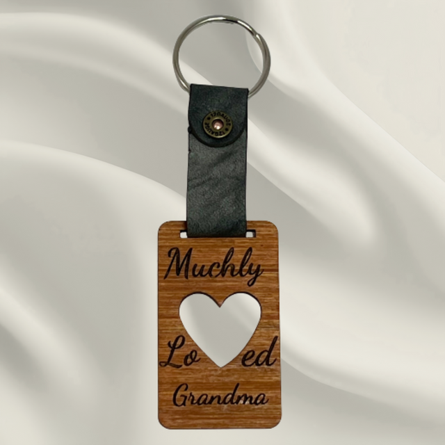 Muchly Loved Grandma Key Ring with Leather Strap and Shotgun Rivet Detail