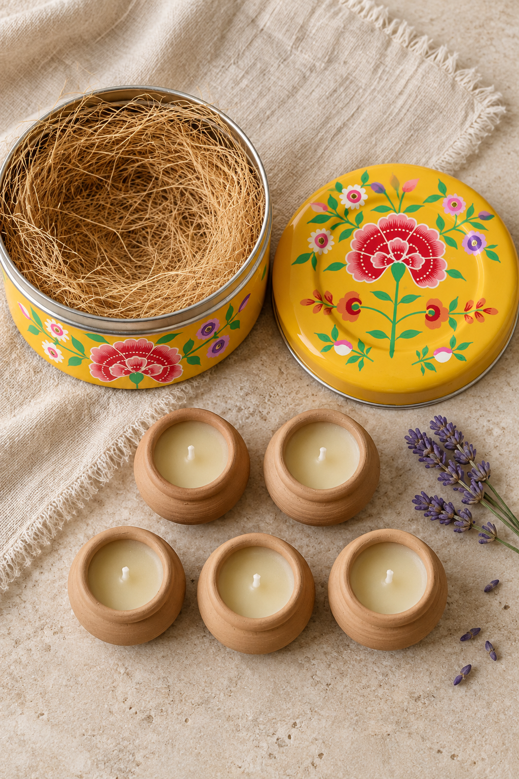Gift set containing five hand-poured beeswax-blend candles in handmade terracotta pots and one reusable yellow stainless steel tin. The round tin is hand-painted in Kashmir with multicoloured floral decoration.