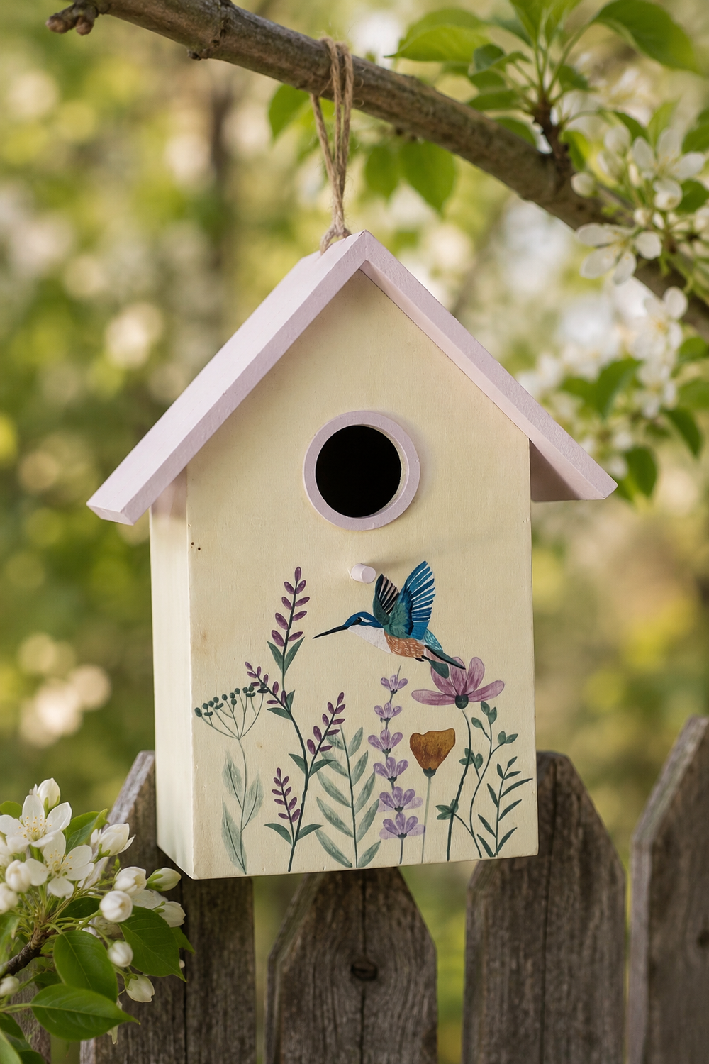 Decorative birdhouse with floral designs and a bird illustration hanging on a branch.