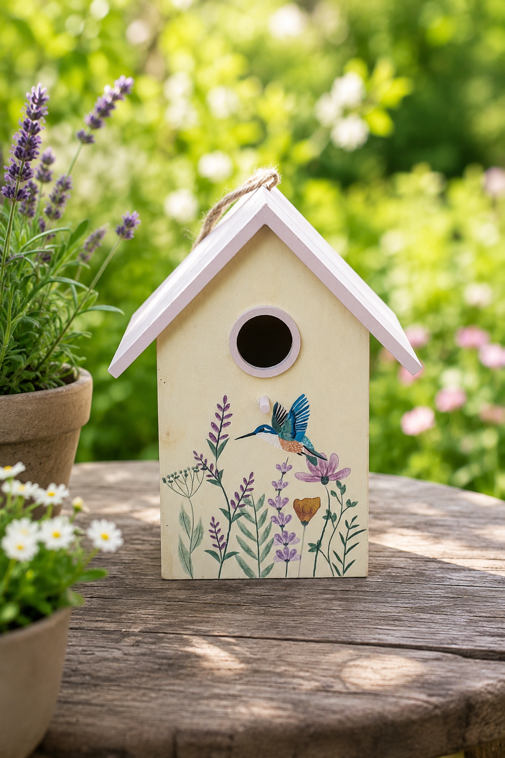 Decorative birdhouse with floral design and bird illustration on a wooden surface with plants in the background