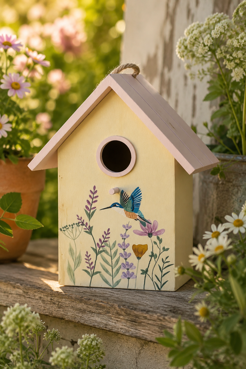 Decorative birdhouse with floral designs and a bird illustration, placed on a wooden surface with plants in the background.