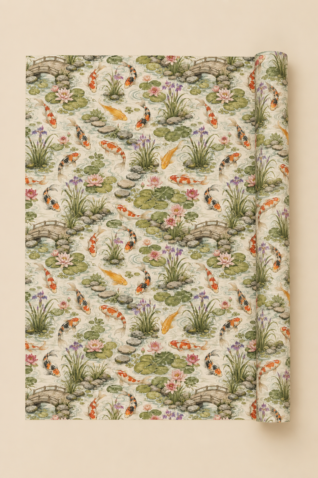 A vintage-style Koi Pond Wrapping Paper garden pond print with koi fish, lily pads, and stone bridges on a cream background.
