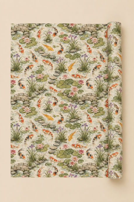 A vintage-style Koi Pond Wrapping Paper garden pond print with koi fish, lily pads, and stone bridges on a cream background.