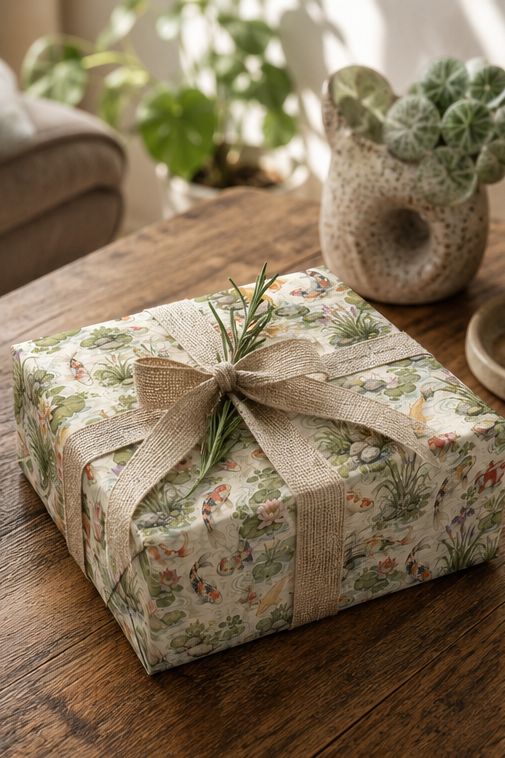 A gift box wrapped in Koi Pond Wrapping Paper tied with a sprig of rosemary, sitting on a rustic wooden table.