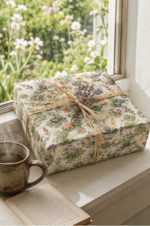 A square gift box wrapped in Koi Pond Wrapping Paper, tied with a natural jute twine bow, sits on a windowsill next to a mug and an open book. A blurred garden with white flowers is visible in the background.