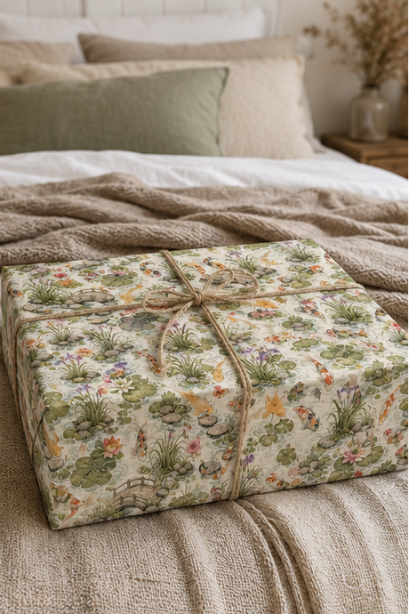 A square gift box wrapped in a Koi Pond -themed wrapping paper with a rustic twine bow, placed on a cozy bed with neutral-toned bedding and pillows.