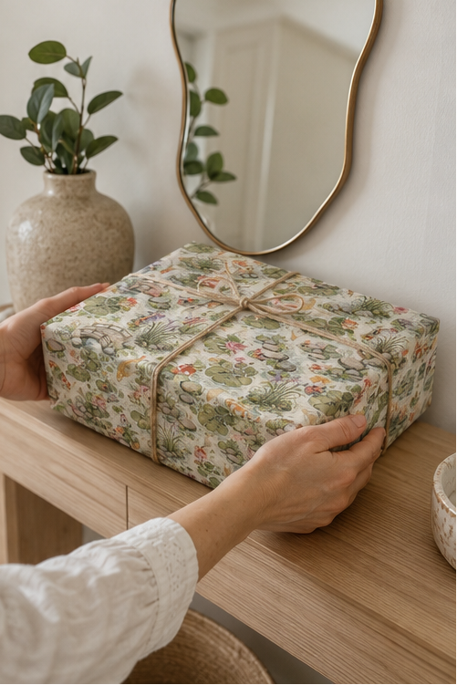 A rectangular gift box wrapped in Koi Pond Wrapping Paper, tied with a twine bow, being held by two hands on a light wood table in a bright, modern room with a gold-framed mirror and a potted plant in the background.