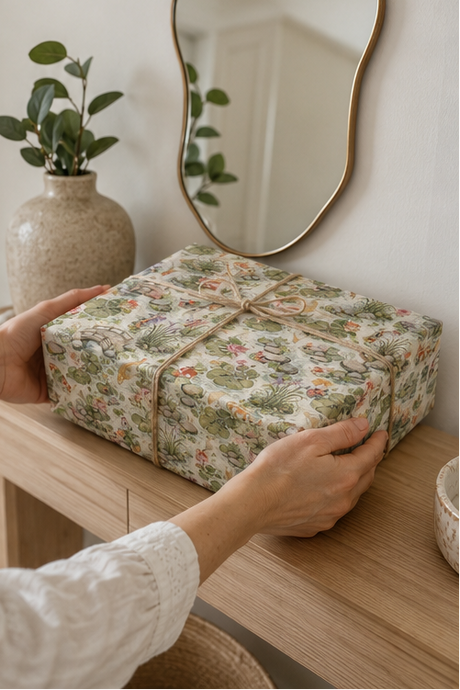 A rectangular gift box wrapped in Koi Pond Wrapping Paper, tied with a twine bow, being held by two hands on a light wood table in a bright, modern room with a gold-framed mirror and a potted plant in the background.