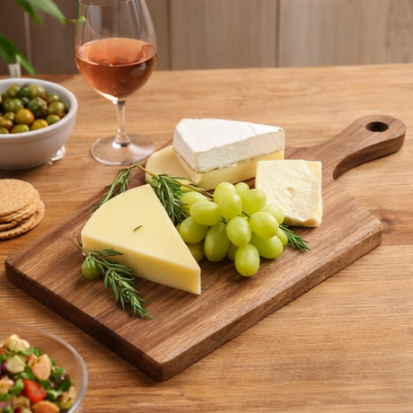 wooden boards with various food items on a kitchen counter.