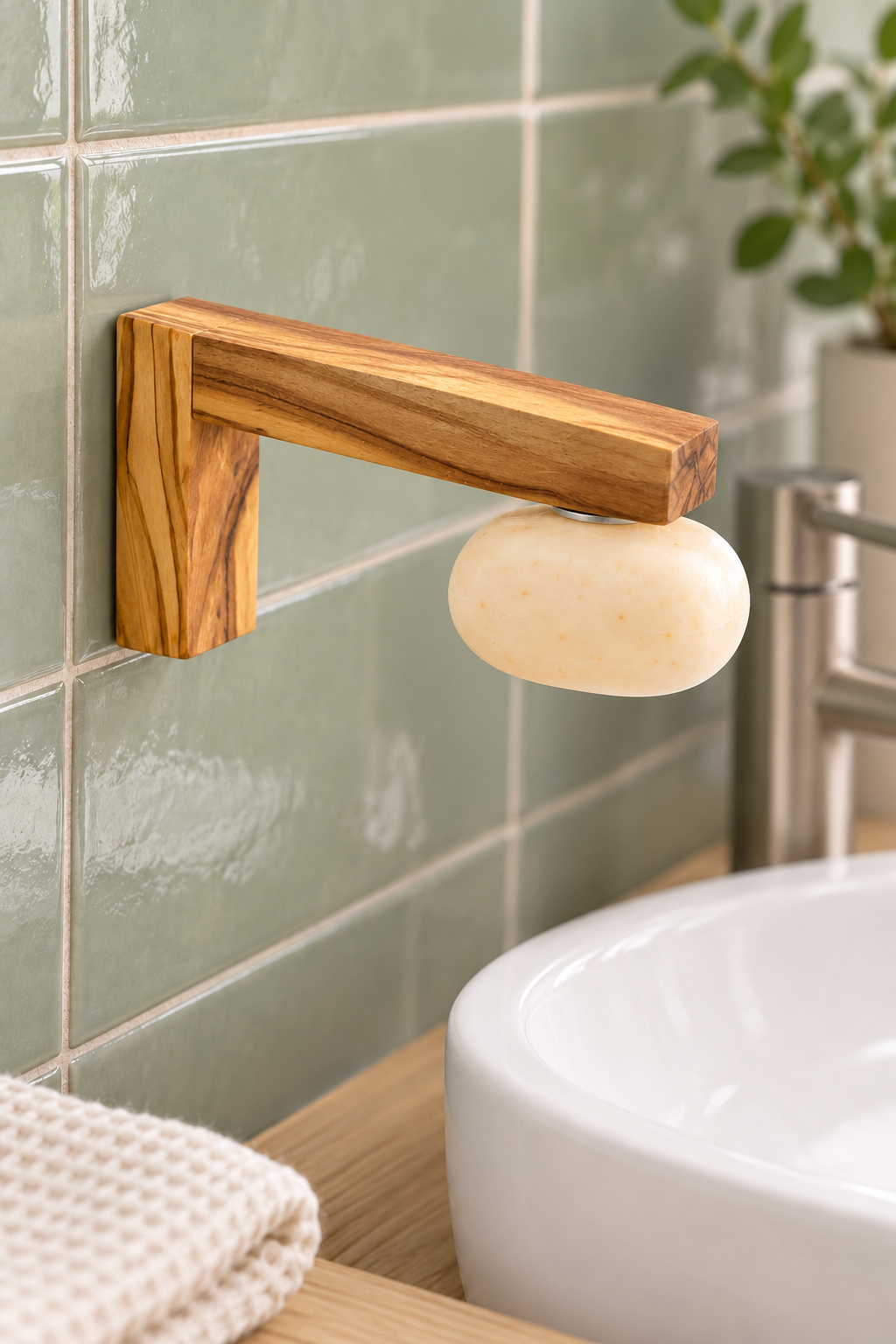 A wall-mounted wooden soap holder with a curved bar, holding a round bar of soap, installed on a green tiled bathroom wall above a white sink.