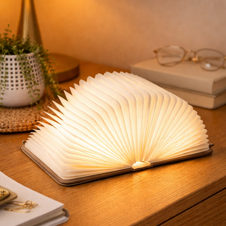 Book-shaped lamp on a wooden surface with a warm glow, next to a lamp and glasses.
