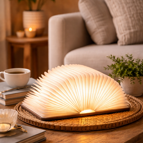 Light-up book on a wooden table with a cozy living room background