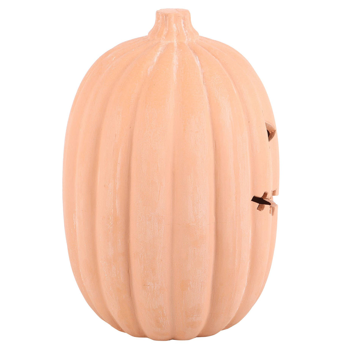 terraccota pumpkin-shaped halloween decoration on a white background