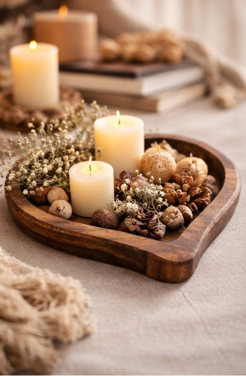 Wooden heart-shaped tray with candles, pinecones, and small plants on a neutral background