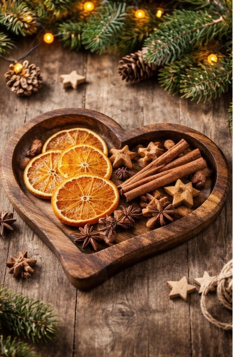 Heart-shaped wooden tray with dried oranges, cinnamon sticks, and star anise on a wooden surface with Christmas decorations.