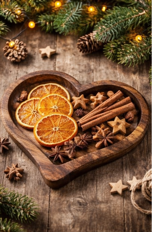 Heart-shaped wooden tray with dried oranges, cinnamon sticks, and star anise on a wooden surface with Christmas decorations.