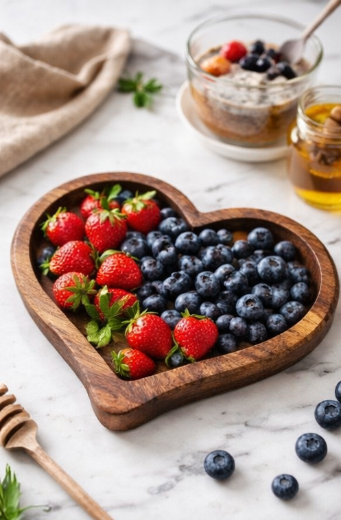 Heart-shaped wooden bowl filled with strawberries and blueberries on a marble surface.