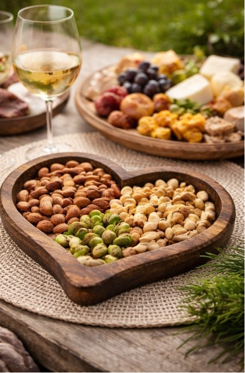 Heart-shaped wooden bowl with assorted nuts on a table with wine and platter of food outdoors.