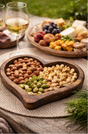 Heart-shaped wooden bowl with assorted nuts on a table with wine and platter of food outdoors.