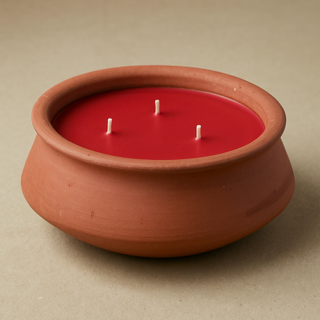 A terracotta clay candle holder with three white wicks filled with vibrant red wax, set against a neutral beige background. Large 3 Wick Terracotta Rose Candle